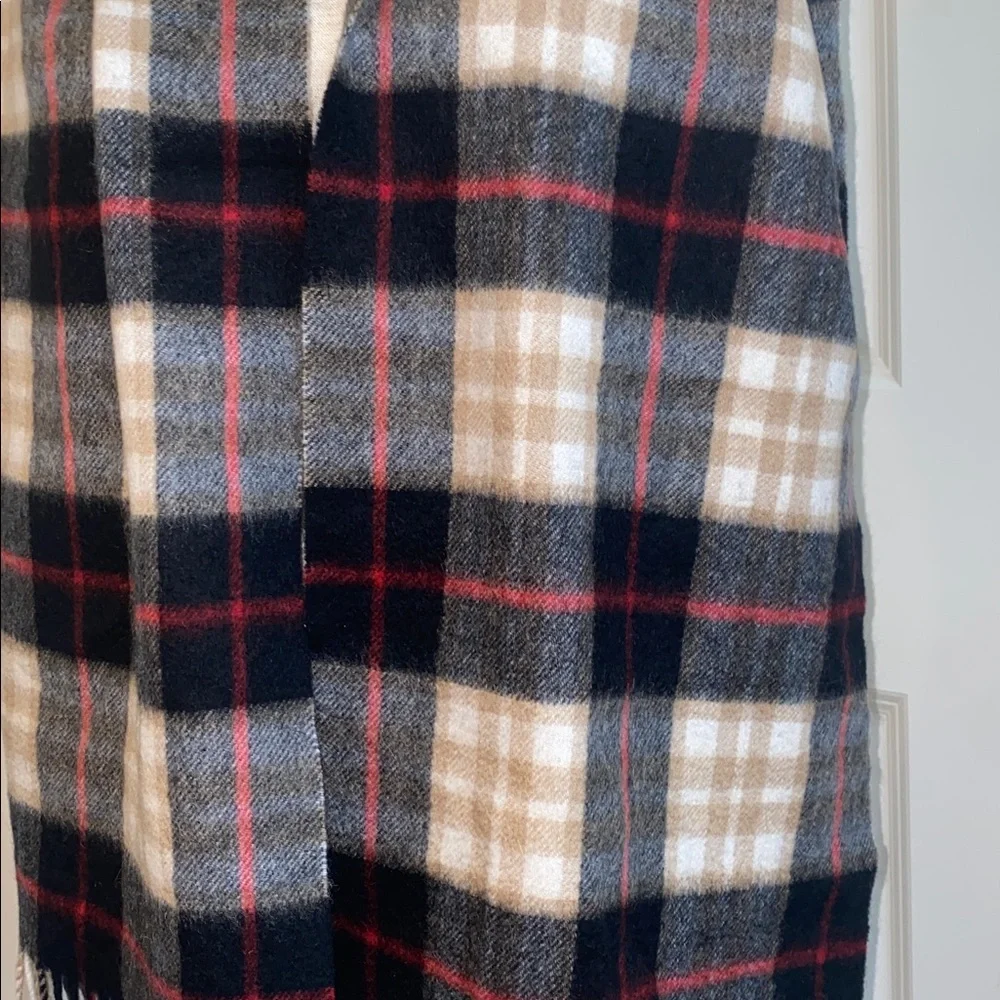 Amicale Cashmere Tartan Fringe Scarf - Blue, Red & Cream